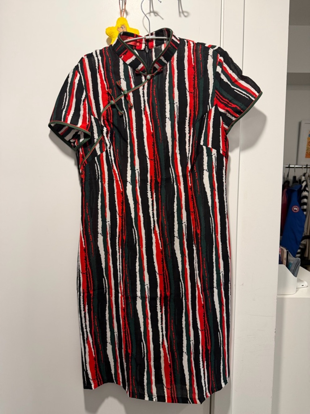 Chinese Qi Pao - Striped Collar Dress in Red, Black & White